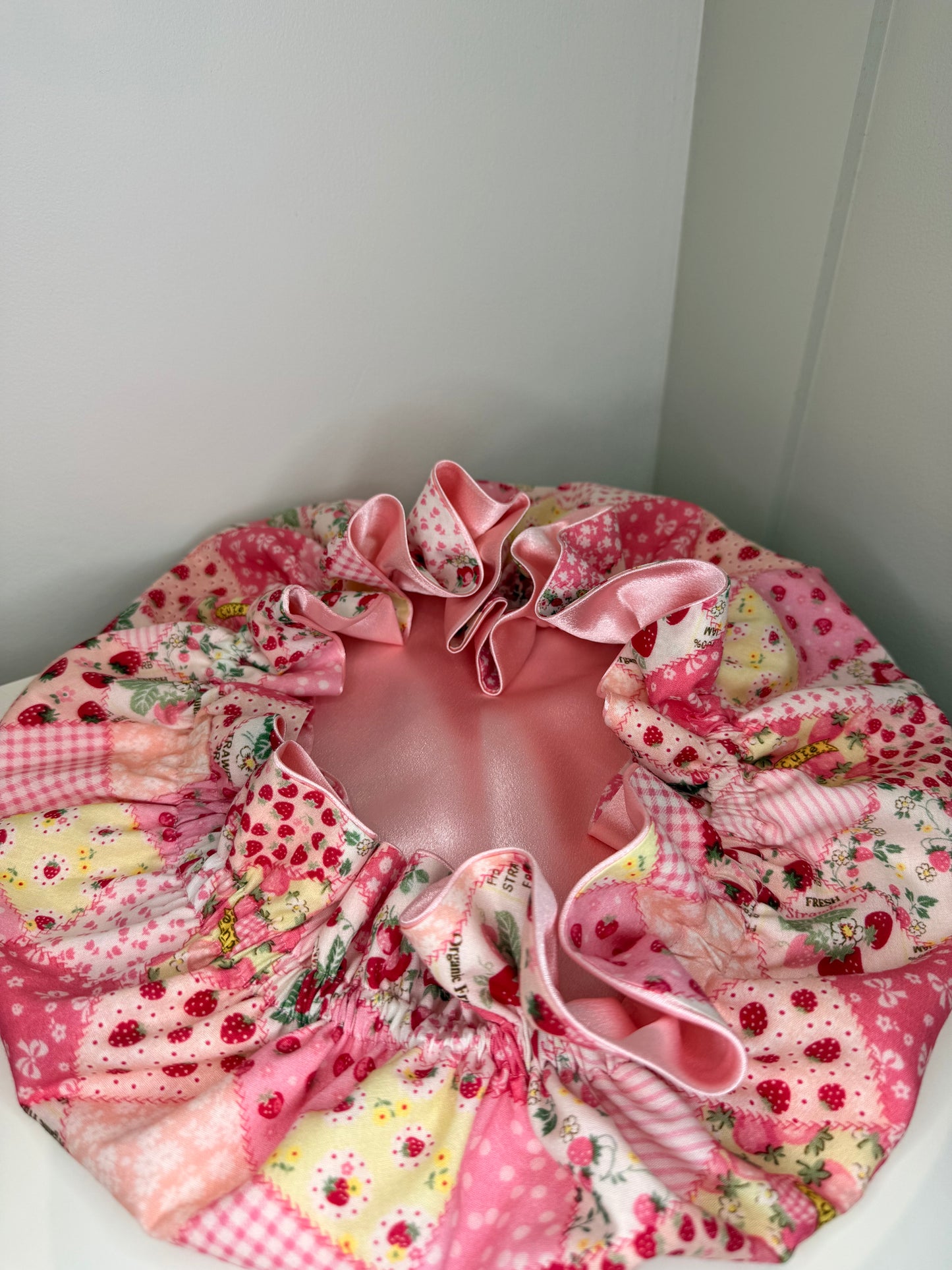 Strawberry design patchwork satin adjustable bonnet, crafted with high-quality materials. 